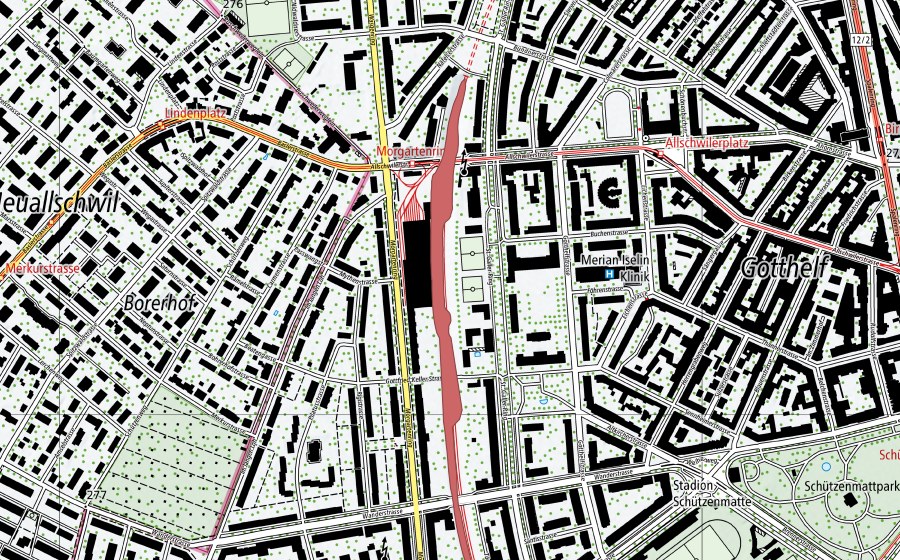 Landeskarte swisstopo mit dem Schutzperimeter von Elsässer Bahn (Trockenwiese)