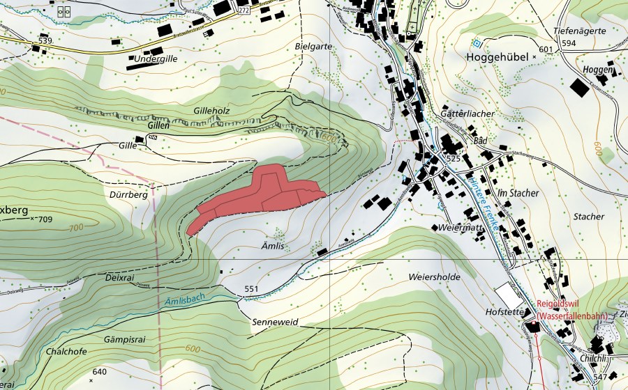 Carte nationale swisstopo avec le périmètre protégé de Emlis (Prairie sèche)