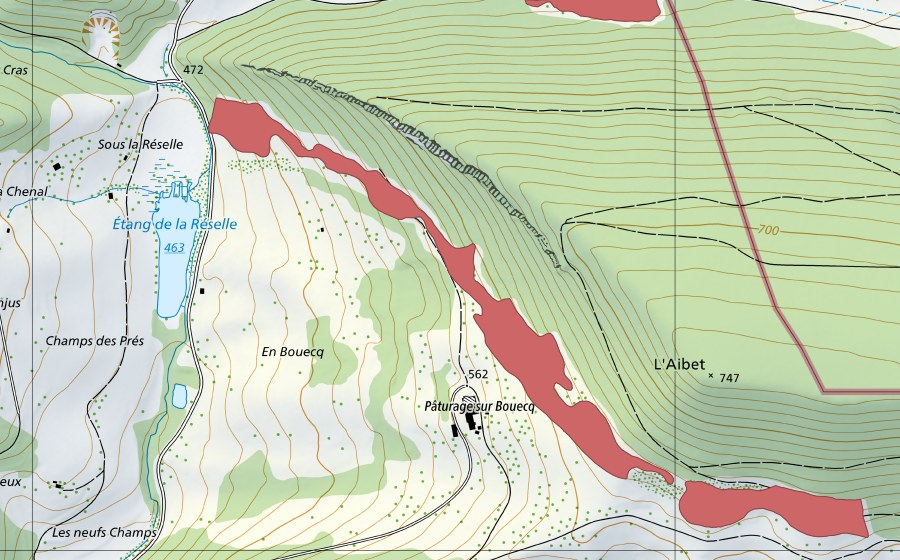 Carte nationale swisstopo avec le périmètre protégé de En Bouec (Prairie sèche)