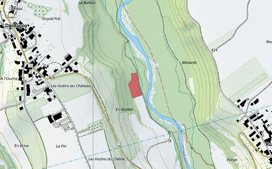 swisstopo national map showing the protected perimeter of En Gottet (Dry meadow)
