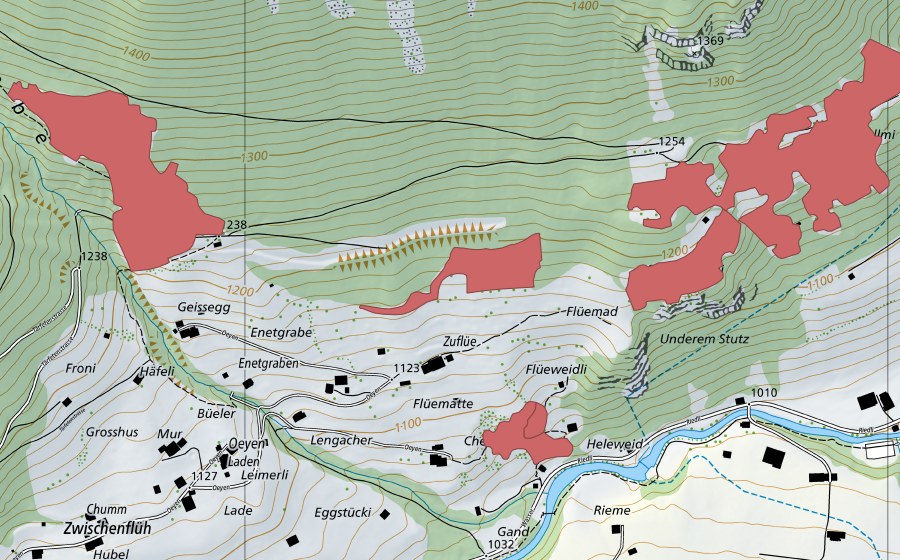 Carte nationale swisstopo avec le périmètre protégé de Enetgrabe (Prairie sèche)