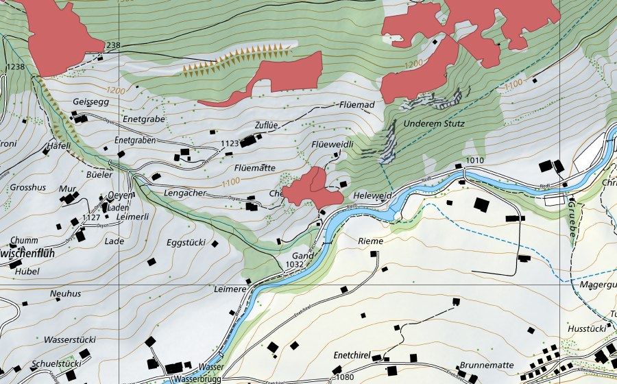 Landeskarte swisstopo mit dem Schutzperimeter von Enetgrabe (Trockenwiese)