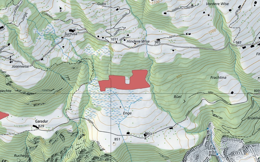 Carte nationale swisstopo avec le périmètre protégé de Engen (Prairie sèche)