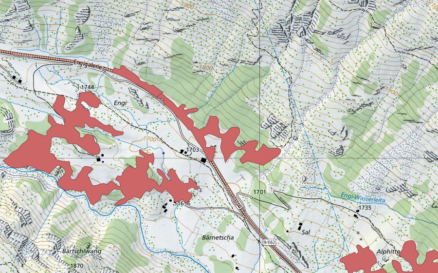 swisstopo national map showing the protected perimeter of Engi (Dry meadow)