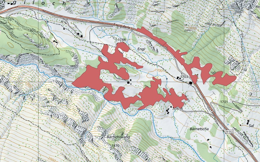 swisstopo national map showing the protected perimeter of Engi (Dry meadow)