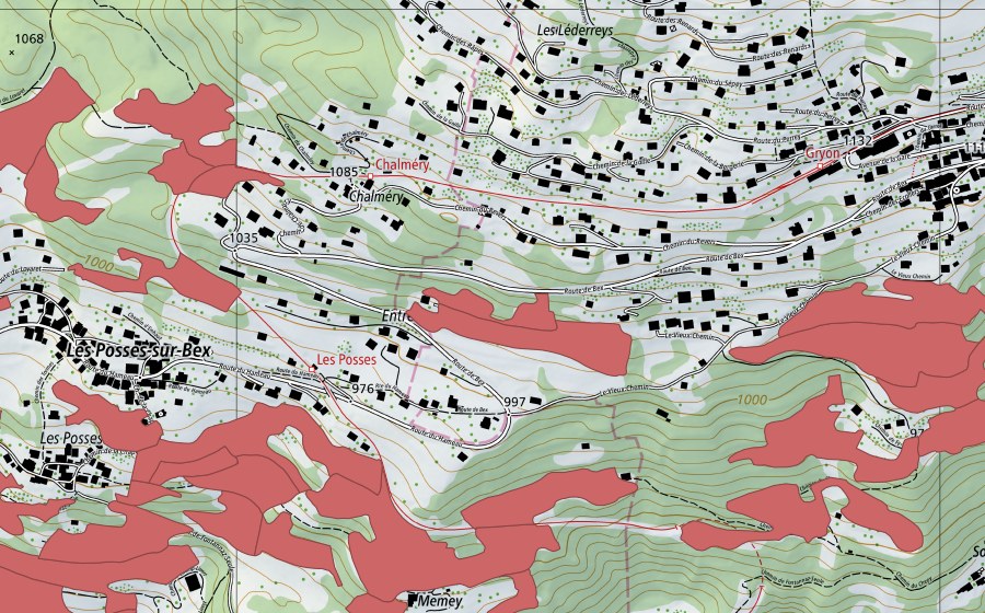 swisstopo national map showing the protected perimeter of Entremouille (Dry meadow)