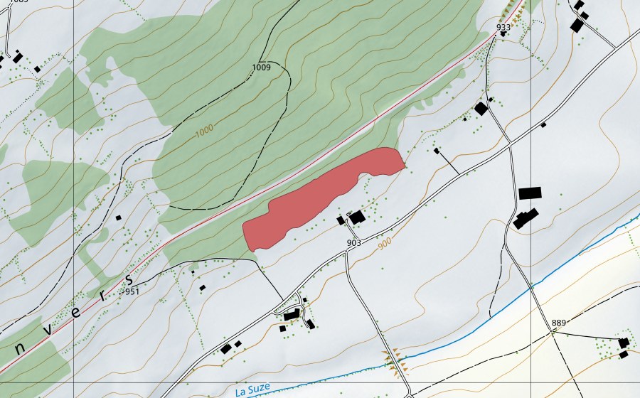Landeskarte swisstopo mit dem Schutzperimeter von Envers des Convers (Trockenwiese)