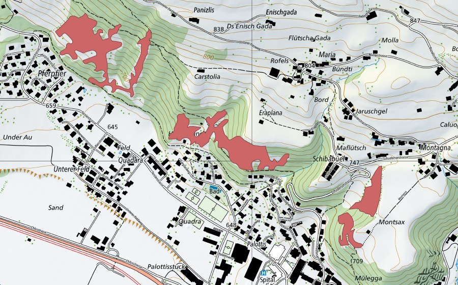 Carte nationale swisstopo avec le périmètre protégé de Eraplana (Prairie sèche)