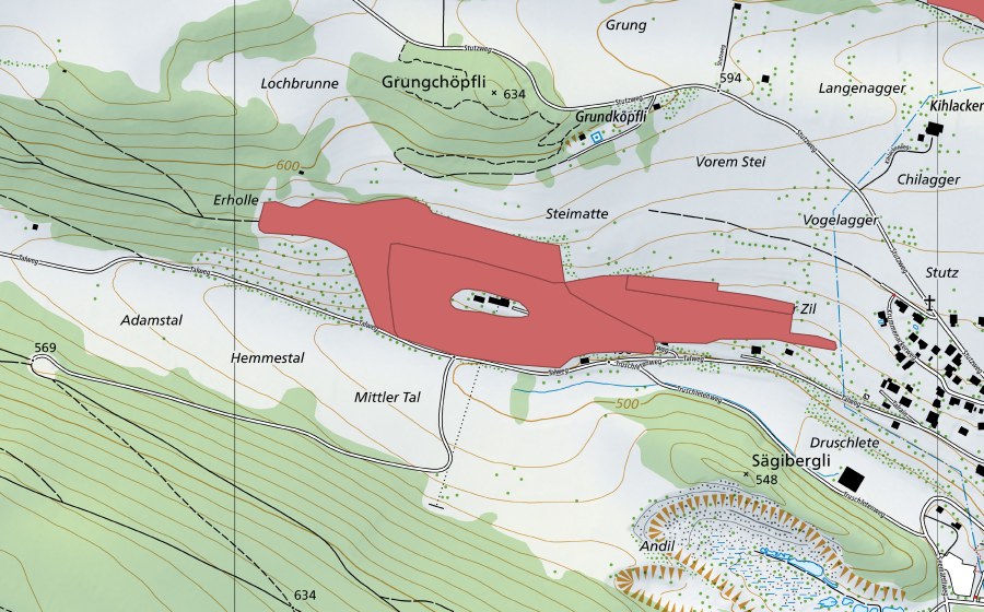 Carte nationale swisstopo avec le périmètre protégé de Erhollen (Prairie sèche)