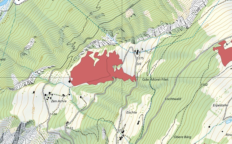 Carte nationale swisstopo avec le périmètre protégé de Erli (Prairie sèche)