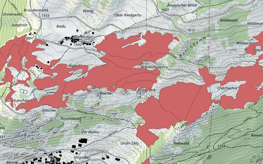 Carte nationale swisstopo avec le périmètre protégé de Erschmatt (Prairie sèche)