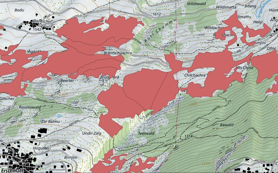 Carte nationale swisstopo avec le périmètre protégé de Erschmatt (Prairie sèche)