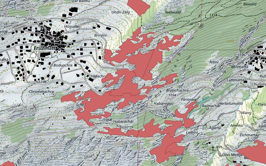 Carte nationale swisstopo avec le périmètre protégé de Erschmatt (Prairie sèche)