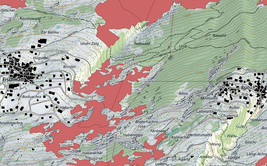 Landeskarte swisstopo mit dem Schutzperimeter von Erschmatt (Trockenwiese)