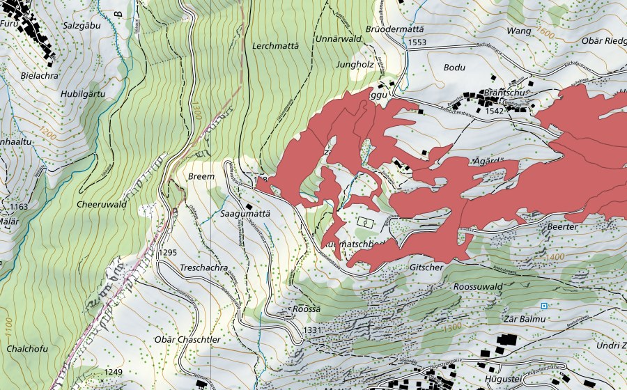 swisstopo national map showing the protected perimeter of Erschmatt (Dry meadow)