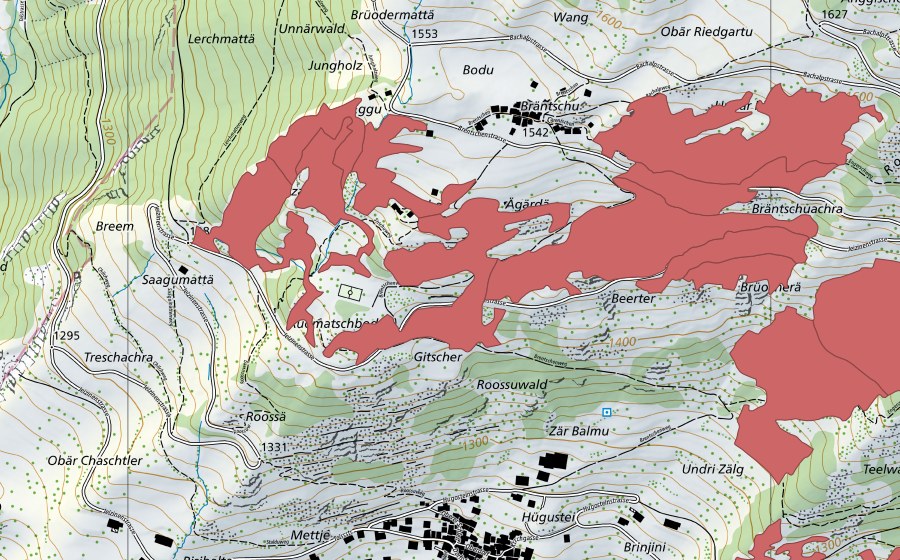 Carte nationale swisstopo avec le périmètre protégé de Erschmatt (Prairie sèche)