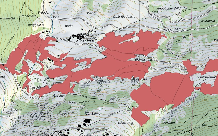 Carte nationale swisstopo avec le périmètre protégé de Erschmatt (Prairie sèche)