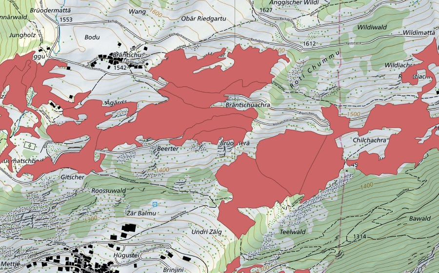 Carte nationale swisstopo avec le périmètre protégé de Erschmatt (Prairie sèche)