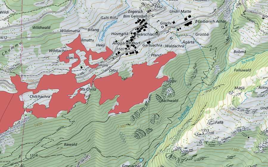 Landeskarte swisstopo mit dem Schutzperimeter von Erschmatt (Trockenwiese)