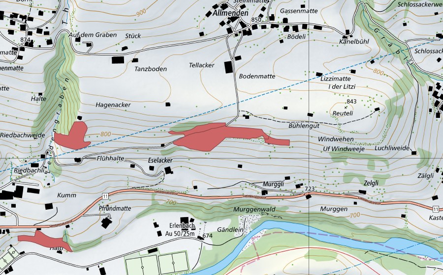 swisstopo national map showing the protected perimeter of Eselacher (Dry meadow)