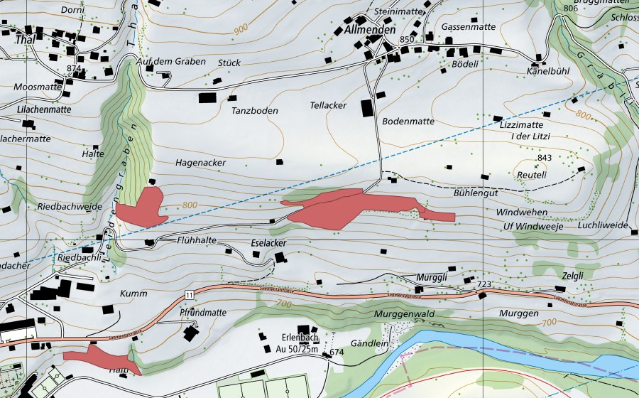 Carte nationale swisstopo avec le périmètre protégé de Eselacher (Prairie sèche)