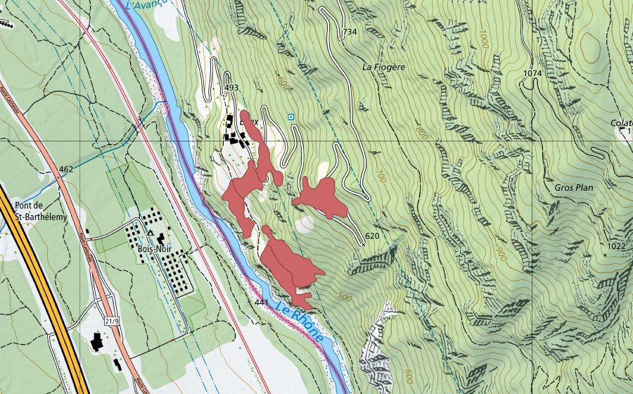 swisstopo national map showing the protected perimeter of Eslex (Dry meadow)