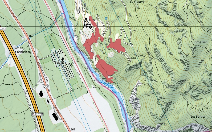 Landeskarte swisstopo mit dem Schutzperimeter von Eslex (Trockenwiese)