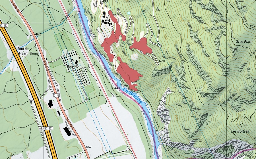 swisstopo national map showing the protected perimeter of Eslex (Dry meadow)