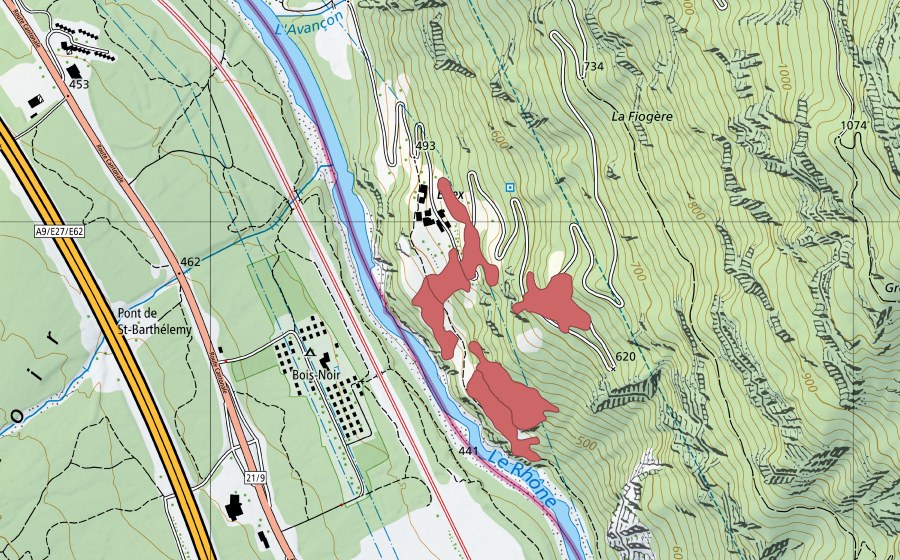 swisstopo national map showing the protected perimeter of Eslex (Dry meadow)