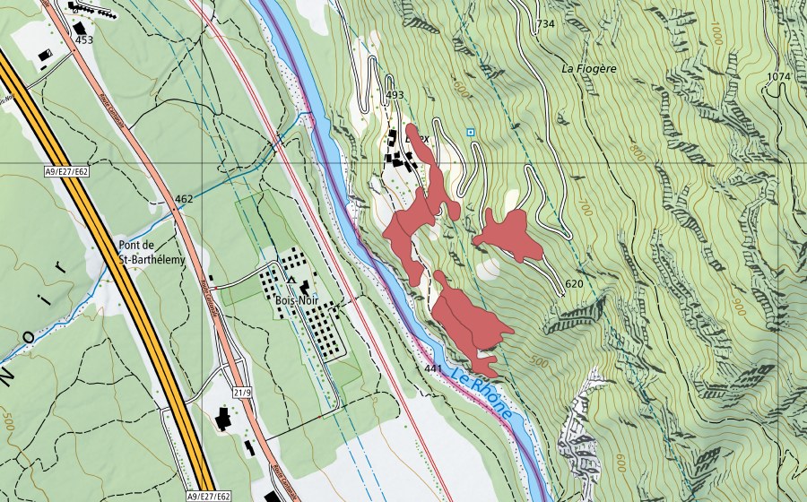 Carte nationale swisstopo avec le périmètre protégé de Eslex (Prairie sèche)