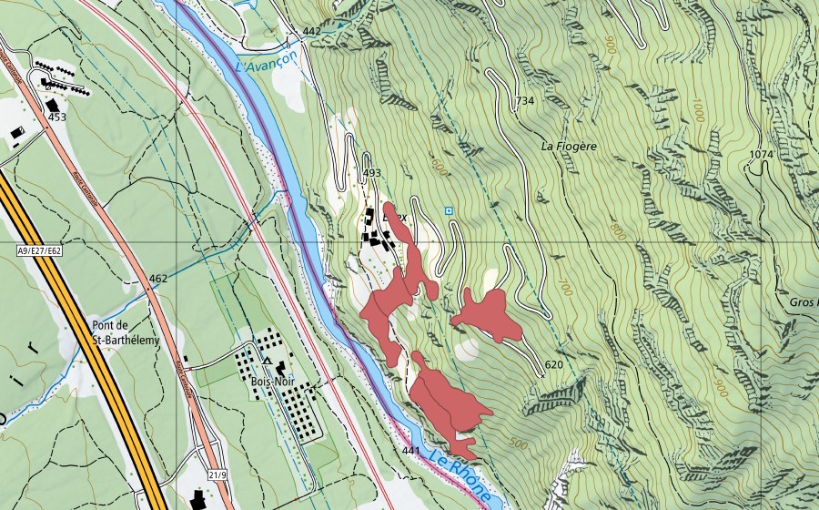 Carte nationale swisstopo avec le périmètre protégé de Eslex (Prairie sèche)
