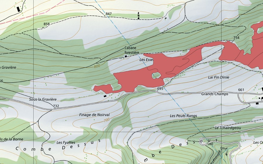 swisstopo national map showing the protected perimeter of Esserts de la Côte (Dry meadow)
