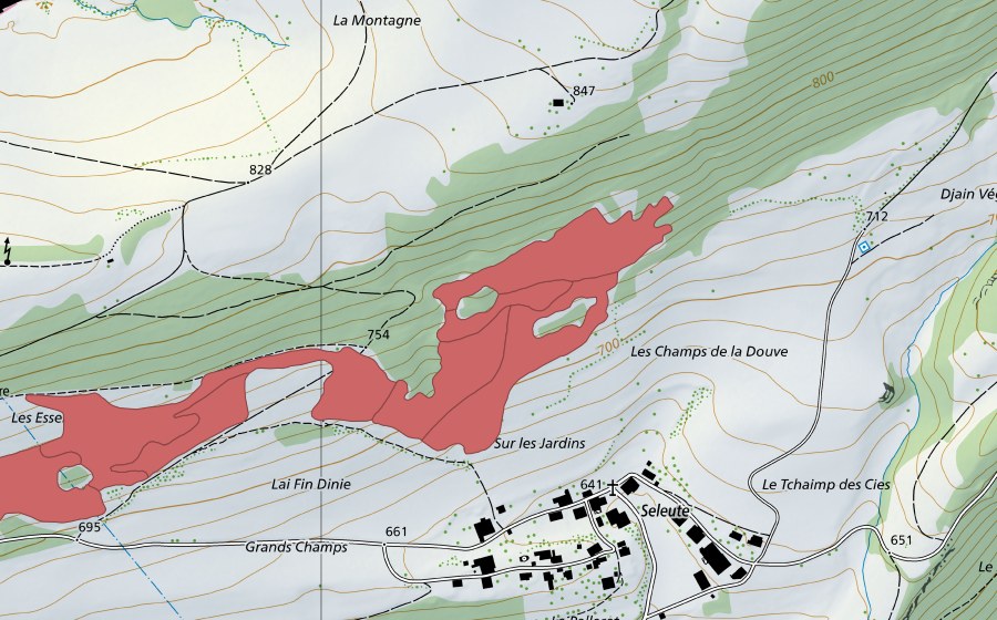 Carte nationale swisstopo avec le périmètre protégé de Esserts de la Côte (Prairie sèche)