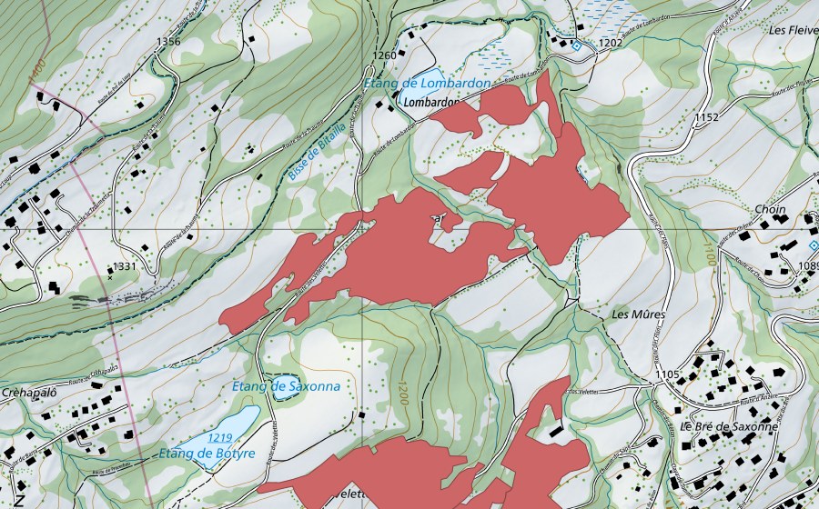 Carte nationale swisstopo avec le périmètre protégé de Et. Lombardon (Prairie sèche)