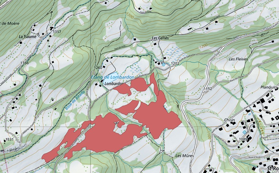 Carte nationale swisstopo avec le périmètre protégé de Et. Lombardon (Prairie sèche)