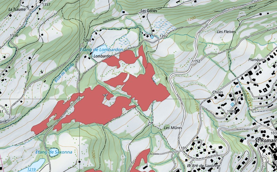 swisstopo national map showing the protected perimeter of Et. Lombardon (Dry meadow)