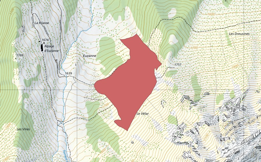 Landeskarte swisstopo mit dem Schutzperimeter von Euzanne (Trockenwiese)