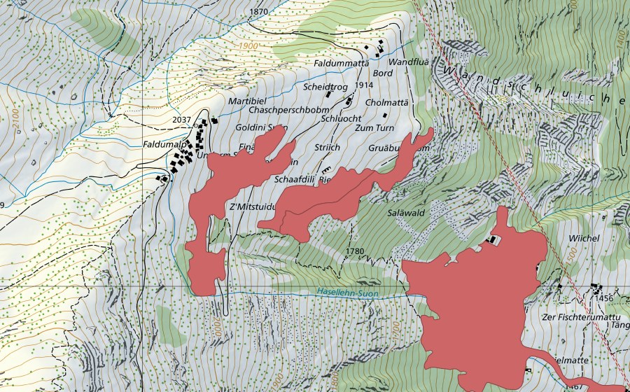 Carte nationale swisstopo avec le périmètre protégé de Faldumalp (Prairie sèche)