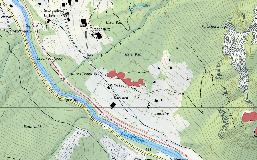 Carte nationale swisstopo avec le périmètre protégé de Faltsche (Prairie sèche)