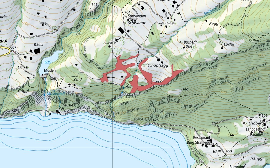 Carte nationale swisstopo avec le périmètre protégé de Faren (Prairie sèche)