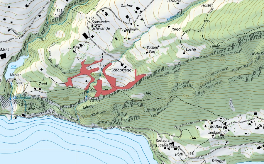 Carte nationale swisstopo avec le périmètre protégé de Faren (Prairie sèche)