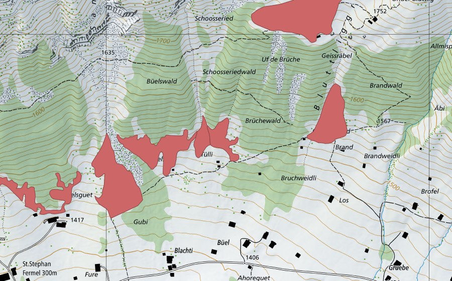 Carte nationale swisstopo avec le périmètre protégé de Färmel (Prairie sèche)