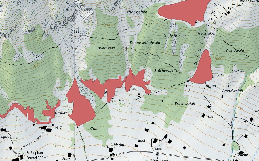 Carte nationale swisstopo avec le périmètre protégé de Färmel (Prairie sèche)