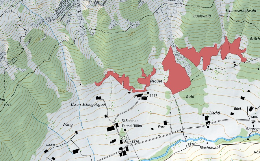 Carte nationale swisstopo avec le périmètre protégé de Färmel (Prairie sèche)