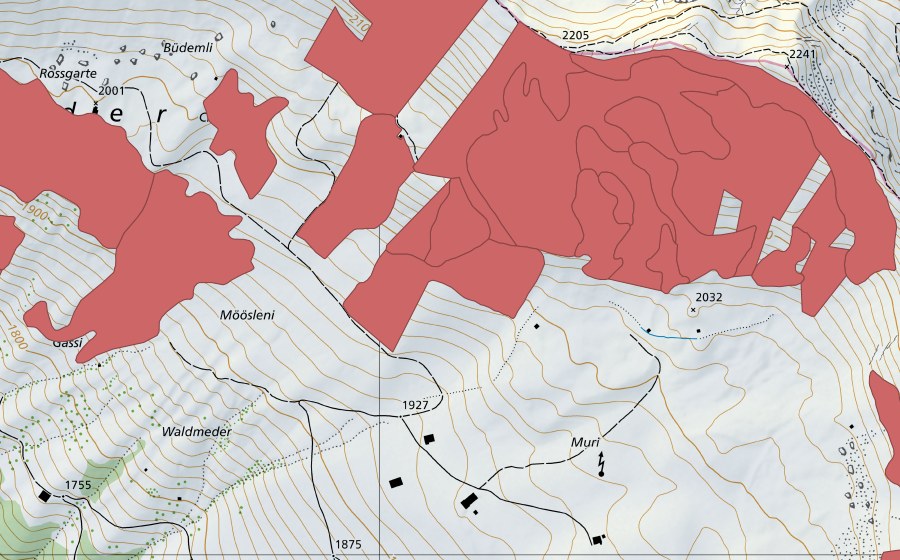 Carte nationale swisstopo avec le périmètre protégé de Färmelmeder (Prairie sèche)