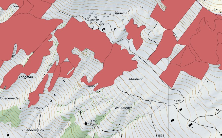 Carte nationale swisstopo avec le périmètre protégé de Färmelmeder (Prairie sèche)