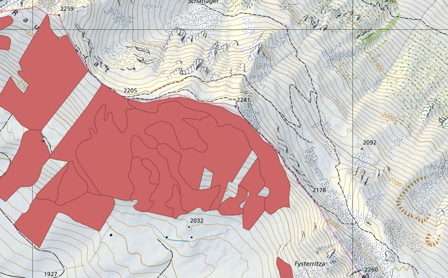 Carte nationale swisstopo avec le périmètre protégé de Färmelmeder (Prairie sèche)