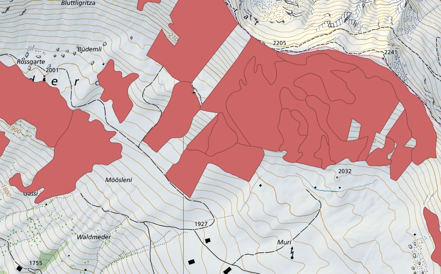 Carte nationale swisstopo avec le périmètre protégé de Färmelmeder (Prairie sèche)