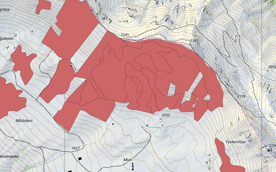 Carte nationale swisstopo avec le périmètre protégé de Färmelmeder (Prairie sèche)