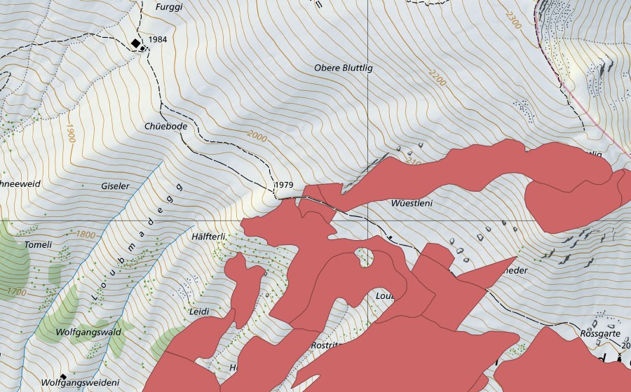 Carte nationale swisstopo avec le périmètre protégé de Färmelmeder (Prairie sèche)